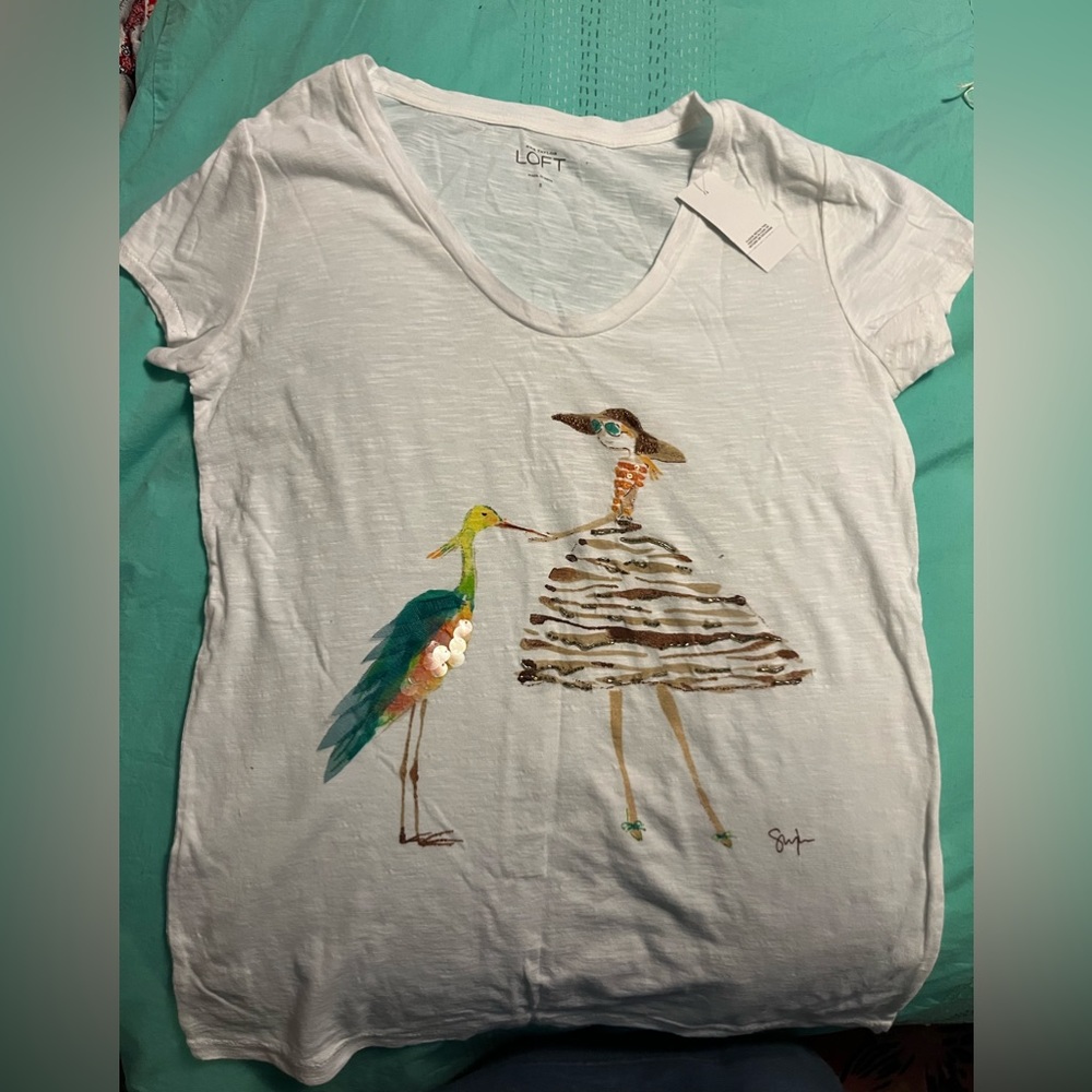 LOFT White Short Sleeved T Shirt w/sketch and sequins, S